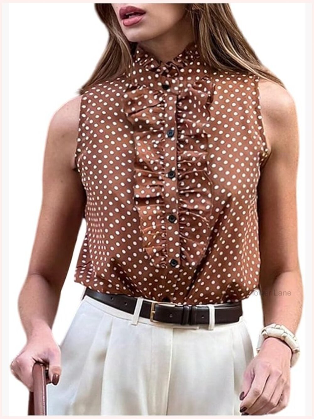 Polka Dot Ruffle Collar Button Down Tank Top Sleeveless Business Casual Blouse